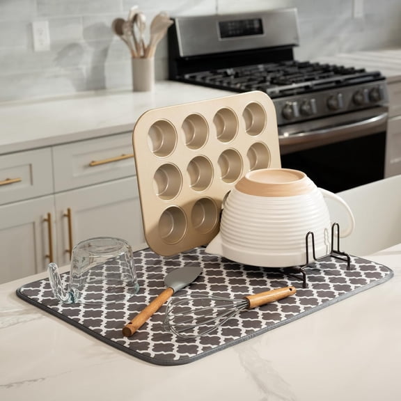 LMUMN-Dish Drying Mat XL, 18 x 24, Absorbent Microfiber Kitchen Counter Mat, Dish Drying Pad for Dishes, Utensils, Pots and Pans, Extra Large, Pewter Grey Trellis