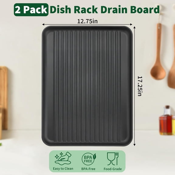 LMUMN-Dish Drying Rack Tray for Kitchen Counter, 2 Pack Dish Rack Drain Board Large Plastic Dish Drying Tray for Bowls Plates Utensils Coffee Cups Household Kitchen Sink Use (Tray Only)