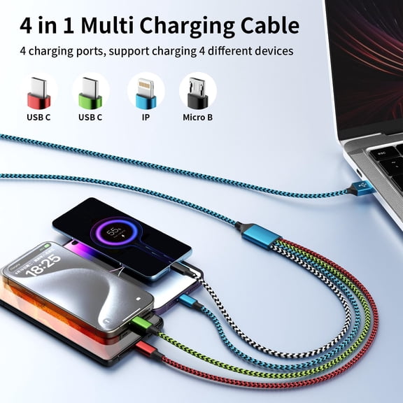 LMUMN-Dual Type C Port Multi Charging Cable, 4 in 1 Braided Charging Cables for All Device, Travel Cruise Essentials Multiple Charger USB Cable for iPhone 17-8/ Android/Galaxy/Pad and Mor