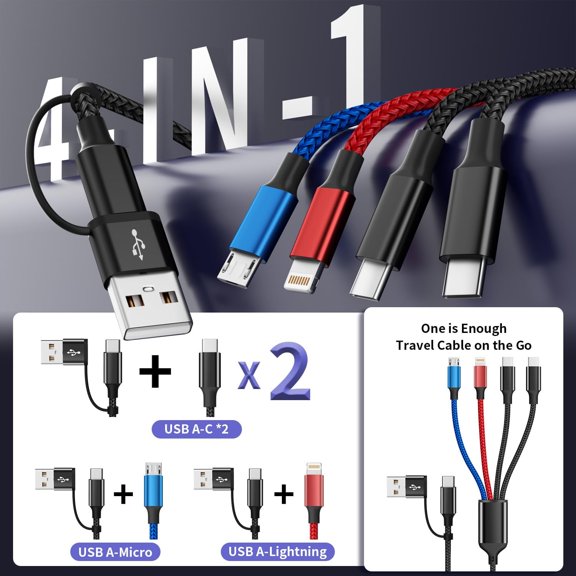LMUMN-Dual Type-C Ports 4 in 2 Multi Charging Cable, Travel Cruise Essentials USBA/C Charging Cords for Multiple Devices, Phone Charger Cord for iPhone17-12/Androids/Pad and More, Car Charger(2Pcs,
