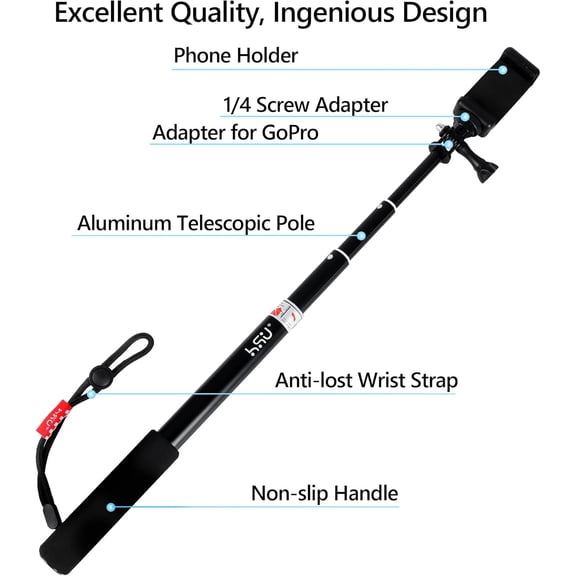 LMUMN-Extendable Selfie Stick for Action Camera, Waterproof Hand Grip for GoPro Hero 13/12/11/10/9/8/7, Handheld Monopod 11.8" to 36.2" for Cell Phones AKASO Insta360 X4 X3 and Other Action Cameras