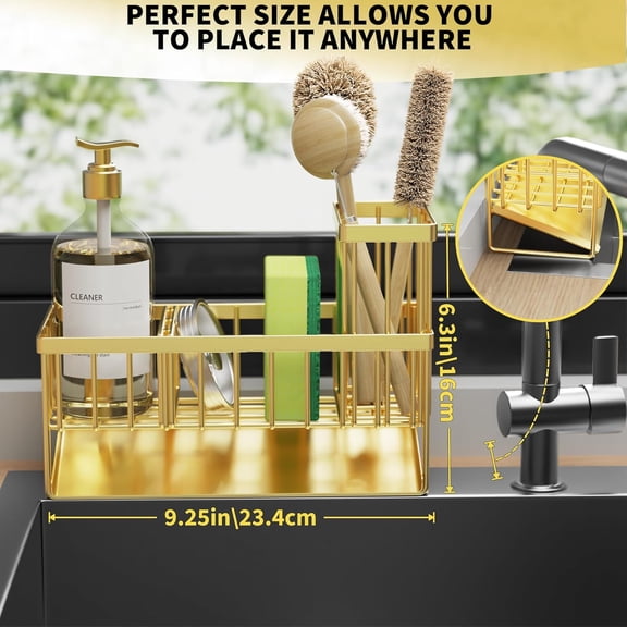 LMUMN-Gold Kitchen Sink Caddy Organzier with High Brush Holder, Sponge Holder for Sink, 304 Rustproof Stainless, Kitchen Countertop Soap Dispenser Organizer, Home Decor and Accessories