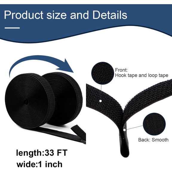 LMUMN-Hook and Loop Cable Straps 1" x 33 Ft with 24 Buckles Adjustable Fastening Reusable Nylon Securing Cord Cinch Strap Ties Free Cut for Cable Management RV Workshop DIY (Black)