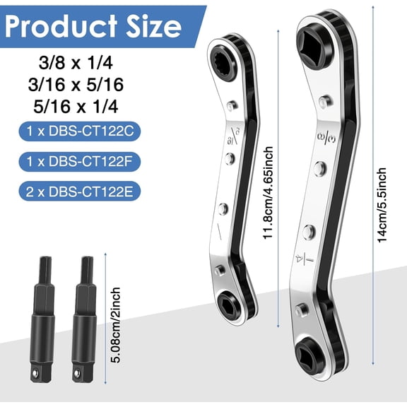 LMUMN-Hvac Service Wrench Refrigeration Service Wrench Set, 3/8 to 3/16, 5/16 x1/4, Ratchet Refrigeration Tool Set Air Conditioner Valve with Hexagon Bit Adapter Kit for Equipment Repair