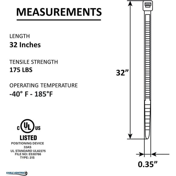 LMUMN-Kable Kontrol Heavy Duty Cable Zip Ties 50 Pcs 32 Inch, Natural White, 175 Lbs Tensile Strength, Self-locking Nylon Clear Plastic Wire Ties wraps for Indoor or Outdoor Use