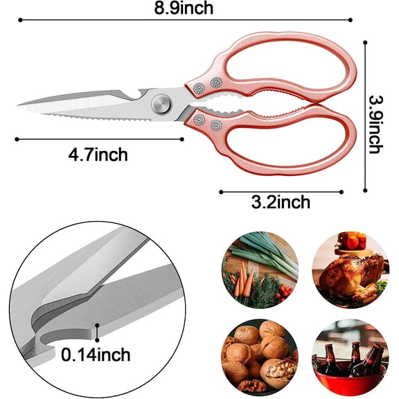 LMUMN-Kitchen Scissors, Multi-Purpose Kitchen Shears, Heavy Duty Dishwasher Safe Food Scissors for Chicken, Poultry, Fish, Meat & Herbs with Non-Slip Grips - Rosegold