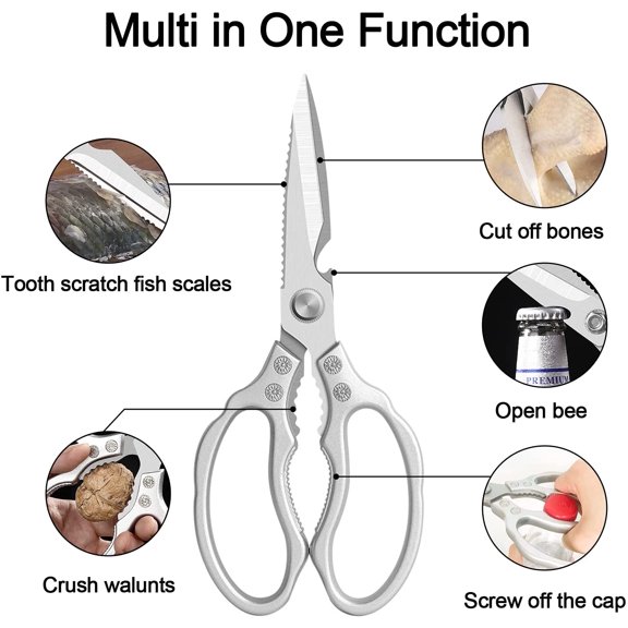 LMUMN-Kitchen Scissors, Multi-Purpose Kitchen Shears, Heavy Duty Dishwasher Safe Food Scissors for Chicken, Poultry, Fish, Meat & Herbs with Non-Slip Grips - Sliver