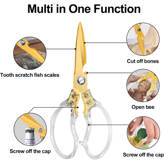 LMUMN-Kitchen Scissors, Multi-Purpose Kitchen Shears, Heavy Duty Food Scissors for Chicken, Poultry, Fish, Meat & Herbs with Non-Slip Grips - Transparent Gold