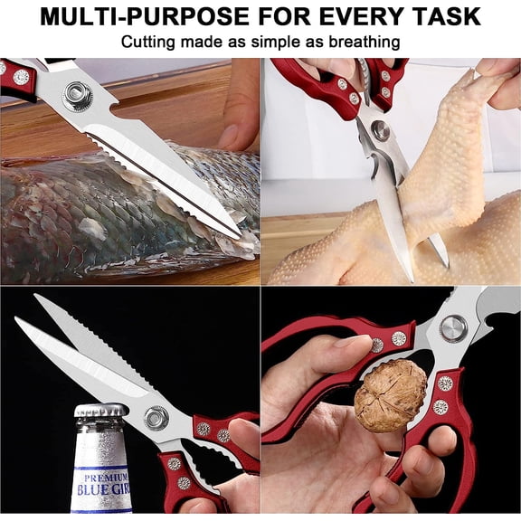 LMUMN-Kitchen Scissors All Purpose Heavy Duty, Ultra Sharp Stainless Steel Kitchen Shears Dishwasher Safe, Cooking Shears for Chicken, Poultry, Fish, Meat, Herbs & Grapes with Non-Slip Grips (Red)