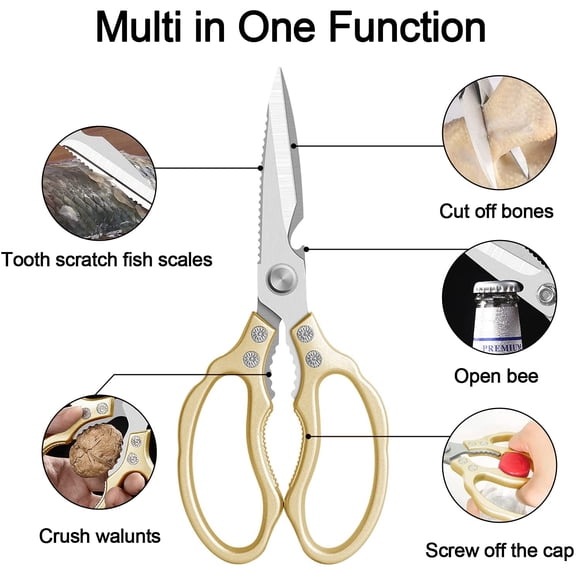 LMUMN-Kitchen Scissors All Purpose Heavy Duty, Ultra Sharp Stainless Steel Kitchen Shears Dishwasher Safe, Cooking Shears for Chicken, Poultry, Fish, Meat, Herbs & Grapes with Non-Slip Grips - Gold