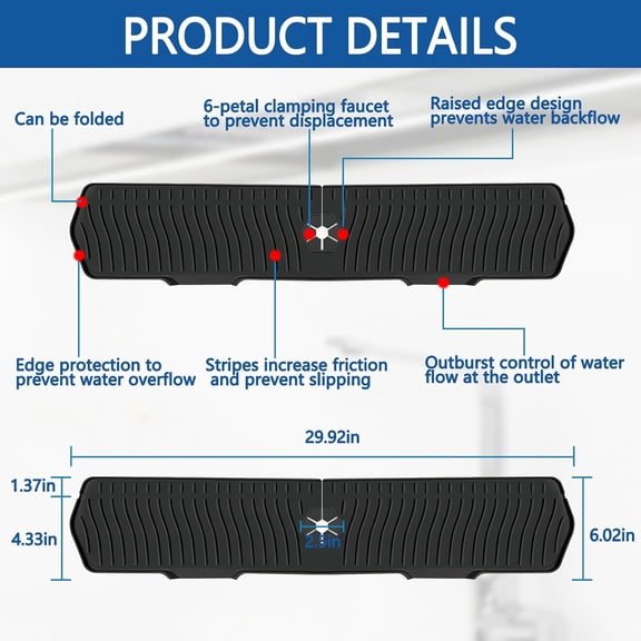 LMUMN-Kitchen Sink Splash Guard Gen2-30" x 6'' Silicone Sink Mat Splash Guard fit for Countertop, Bathroom,Farmhouse,RV by (Black)