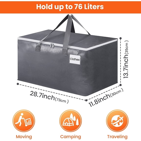 LMUMN-Large Moving Boxes and with Zippers & Handles Moving Supplies with lids, Heavy Duty Totes for Storage Bags for Space Saving, Fold Flat, Moving and Storing 76L, 2 Pack