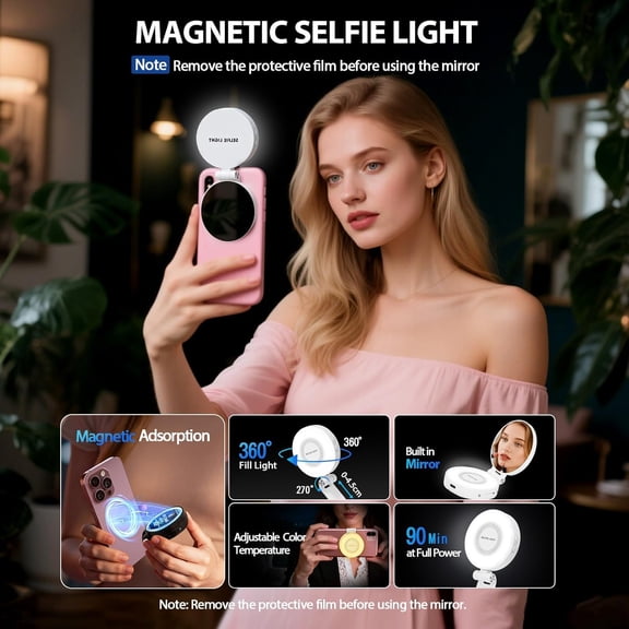 LMUMN-Magnetic Selfie Light for MagSafe iPhone: 3 Light Modes, Rechargeable 360 Rotatable LED Phone Ring Fill Light with Mirror for Photography, Makeup, TikTok, Zoom, Video Conference, White