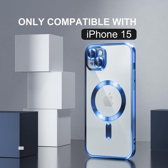LMUMN-Magnetic for iPhone 15 Case Compatible with MagSafe [Never Yellowing] [Military Grade Drop Protection] Full Camera Lens Protector Plating Soft Clear Phone Case for Women, Deep Blue