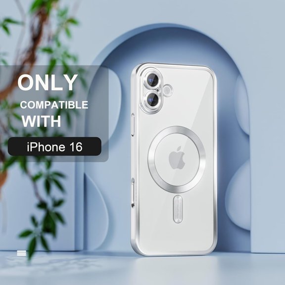 LMUMN-Magnetic for iPhone 16 Case Compatible with MagSafe [Never Yellowing] [Military Grade Drop Protection] Full Camera Lens Protector Plating Soft Clear Phone Case for Women 6.1 inch, Silver