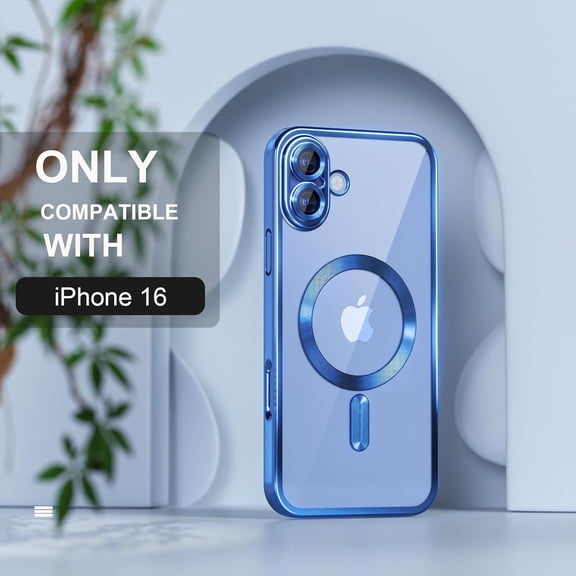 LMUMN-Magnetic for iPhone 16 Case Compatible with MagSafe [Never Yellowing] [Military Grade Drop Protection] Full Camera Lens Protector Plating Soft Clear Phone Case for Women 6.1 inch, Deep Blue