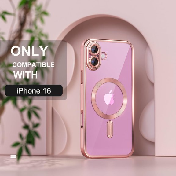 LMUMN-Magnetic for iPhone 16 Case Compatible with MagSafe [Never Yellowing] [Military Grade Drop Protection] Full Camera Lens Protector Plating Soft Clear Phone Case for Women 6.1 inch, Pink