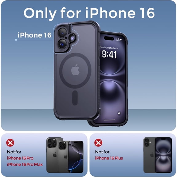 LMUMN-Magnetic for iPhone 16 Case, [Full Camera Protection] [Compatible with Magsafe] Military-Grade Shockproof, Anti-Fingerprint Translucent Matte Phone Case,Black