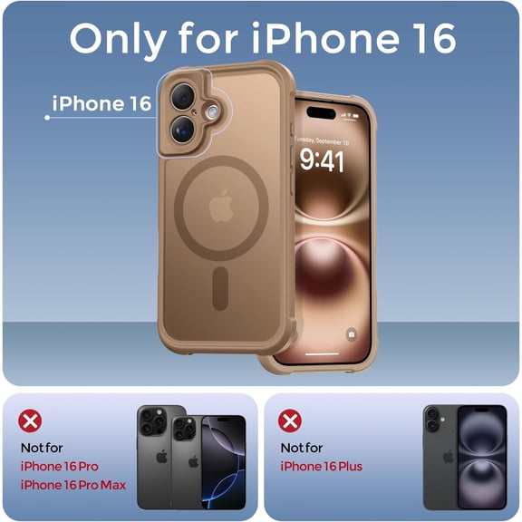 LMUMN-Magnetic for iPhone 16 Case, [Full Camera Protection] [Compatible with Magsafe] Military-Grade Shockproof, Anti-Fingerprint Translucent Matte Phone Case,Brown
