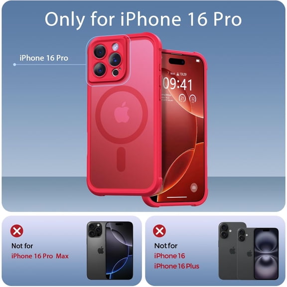 LMUMN-Magnetic for iPhone 16 Pro Case, [Full Camera Protection] [Compatible with Magsafe] Military-Grade Shockproof, Anti-Fingerprint Translucent Matte Phone Case,Red