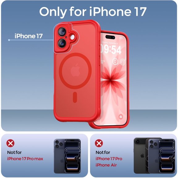 LMUMN-Magnetic for iPhone 17 Case, [Compatible with Magsafe] [Full Camera Protection] Translucent Matte Military Grade Shockproof with Anti-Fingerprint Phone Cover 2025, Red