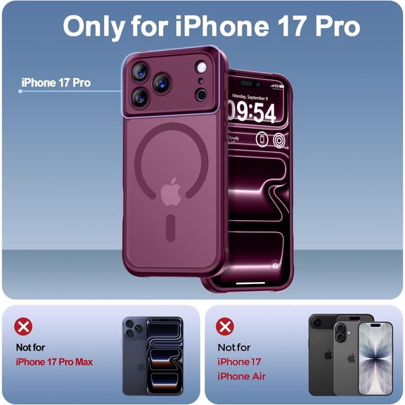 LMUMN-Magnetic for iPhone 17 Pro Case, [Compatible with Magsafe] [Full Camera Protection] Translucent Matte Military Grade Shockproof with Anti-Fingerprint Phone Cover 2025, Wine Red