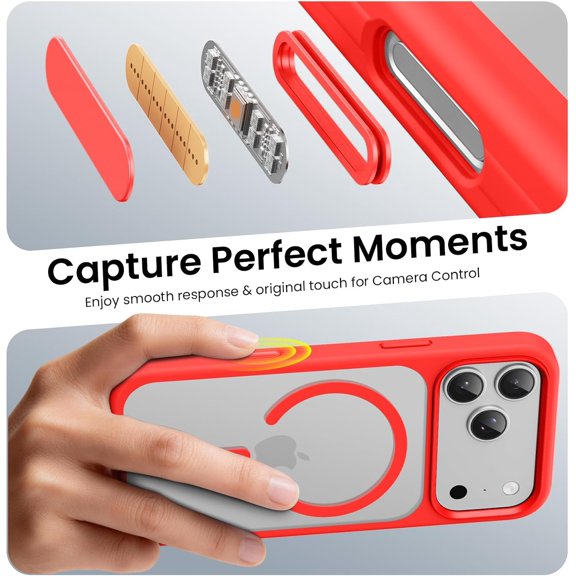 LMUMN-Magnetic for iPhone 17 Pro Max Case (Compatible with Magsafe) (Military Grade Shockproof) (Reinforced Camera Protection) Translucent Anti-Fingerprint Phone Cover, Matte Red
