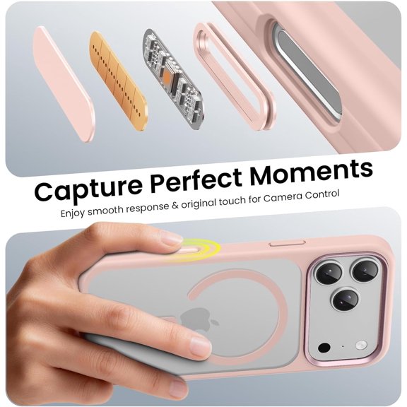LMUMN-Magnetic for iPhone 17 Pro Max Case (Compatible with Magsafe) (Military Grade Shockproof) (Reinforced Camera Protection) Translucent Anti-Fingerprint Phone Cover, Pink