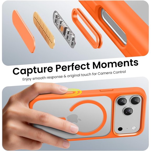 LMUMN-Magnetic for iPhone 17 Pro Max Case (Compatible with Magsafe) (Military Grade Shockproof) (Reinforced Camera Protection) Translucent Anti-Fingerprint Phone Cover, Orange