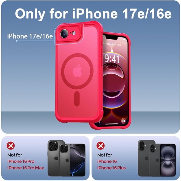 LMUMN-Magnetic for iPhone 17e Case/iPhone 16e Case, [Full Camera Protection] [Compatible with Magsafe] Military-Grade Shockproof, Anti-Fingerprint Translucent Matte Phone Case,Red
