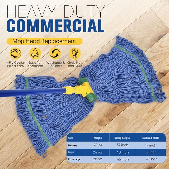 LMUMN-Matthew Cleaning Commercial Mop Head Replacement, 5 Inch Wide Headband, Looped End Cotton Blend String Wet Mops for Floor Cleaning, 18 oz Medium, 1-Pack Blue