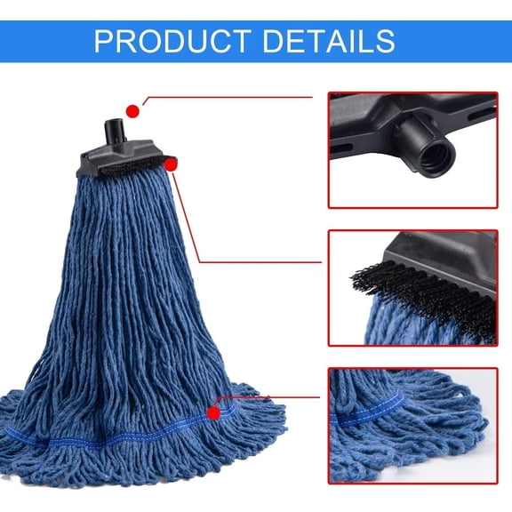 LMUMN-Matthew Large Heavy Duty Mop Head Commercial Replacement for General and Floor Cleaning, Screw-on Wet Industrial Cotton Looped End String Head Refill (Blue Pack of 2) w/Built-in Flexible Brist