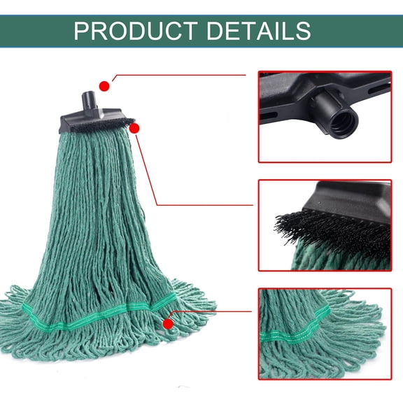 LMUMN-Matthew Large Heavy Duty Mop Head Commercial Replacement for General and Floor Cleaning, Screw-on Wet Industrial Cotton Looped End String Head Refill (Green 2Pack) w/Built-in Flexible Bristle