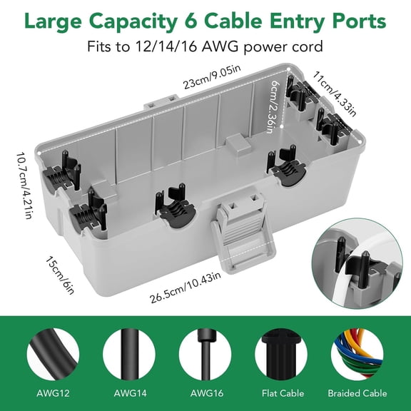 LMUMN-Medium Outdoor Electrical Box(10.4x6x4.2inch), IP54 Waterproof, Weatherproof Connection Box w/6 Cable Entry Ports, Extension Cord Cover Protect Power Strip, String Lights, Timer, Plug, Grey