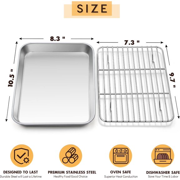 LMUMN-Metal Toaster Oven Tray Set, 10.5x8.3 Small Stainless Steel Baking Pan with Wire Rack for Cooking Broiling, Rimmed Metal Sheet for Roasting Cooling Cookie Bacon Steak
