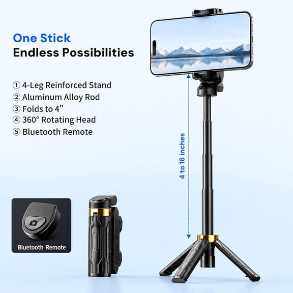 LMUMN-Mini Selfie Stick Tripod, 4" Pocket-Sized Selfie Stick with Bluetooth Remote, 4-Leg Reinforced Stand, 360 Rotation, 3.8 oz Lightweight for iPhone/Android, Ideal for Travel/Live Stream/Vlog
