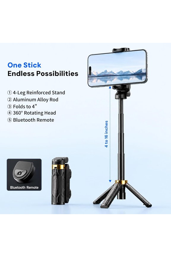 -Mini Selfie Stick Tripod, 4" Pocket-Sized Selfie Stick with Bluetooth Remote, 4-Leg Reinforced Stand, 360 Rotation, 3.8 oz Lightweight for iPhone/Android, Ideal for Travel/Live Stream/Vlog