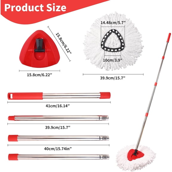 LMUMN-Mop Replacement Heads, Handle, Base Compatible with O Cedar EasyWring 1-Tank Spin Mop System, 2 Microfiber Mop Head Refills, 4-Section Iron Handle 30-58in and 1 Spin Base Cover Set