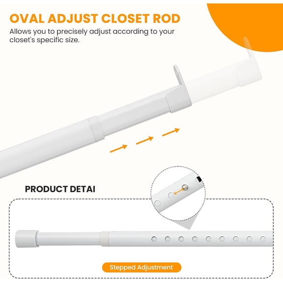 LMUMN-Oval Closet Rod for Hanging Clothes 18 to 40 Inch Adjustable Closet Rods 1 inch Diameter With End Supports White Poles Bar Closet Rod Expandable for Wardrobes