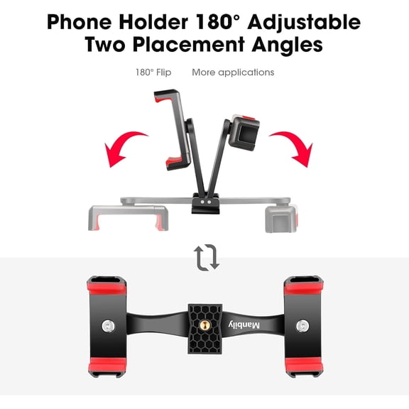 LMUMN-Phone Tripod Mount Adapter, 360 Rotatable Dual Cell Phone Holder Clip, Adjustable Clamp with 4 Cold Shoe, for Tripod Monopod Selfie Stick Vlog Live Streaming Video Recording