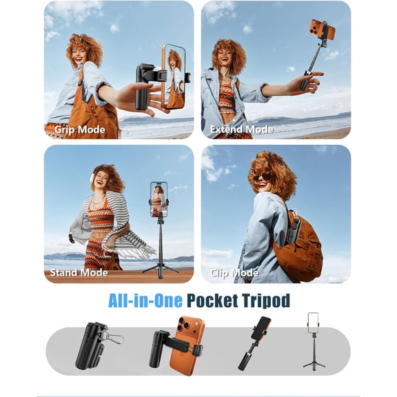 LMUMN-Pocket Phone Tripod, 3-in-1 Portable Selfie Stick Tripod with Remote, 360 Rotation Cell Phone Tripod Stand, Extendable Mini Tripod for iPhone Android Phones (Clip Mount)