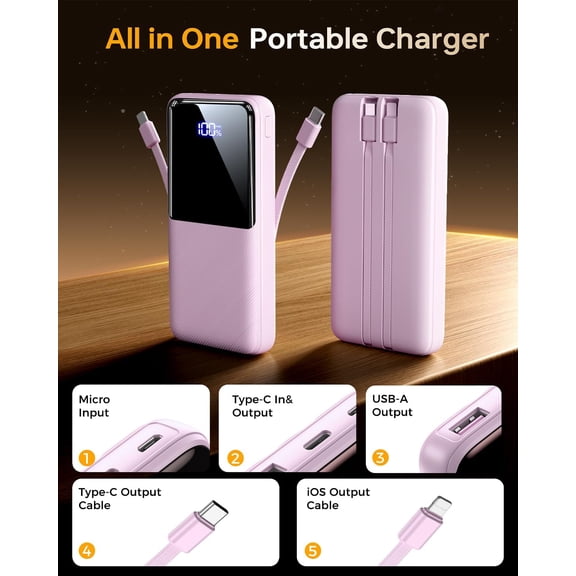 LMUMN-Portable Charger Power Bank, 50% Larger Capacity 15000mAh Battery Pack with Built in Cable, 22.5W Fast Charging Travel Camping Essential for iPhone 17 16 Pro iPad Samsung S26 Google, Lavender