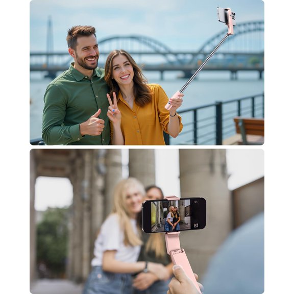 LMUMN-Portable Selfie Stick, Lightweight Extendable Stainless Steel Tube,All-in-One Compact Selfie Stick with Wireless Remote Compatible with 4-7" iPhone/Android Phones for Vlog/Travel/Filming, Pink