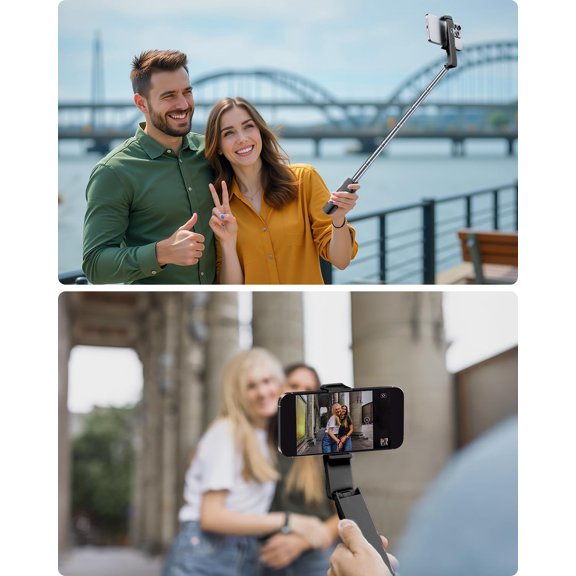 LMUMN-Portable Selfie Stick, Lightweight Extendable Stainless Steel Tube,All-in-One Compact Selfie Stick with Wireless Remote Compatible with 4-7" iPhone/Android Phones for Vlog/Travel/Filming,Black