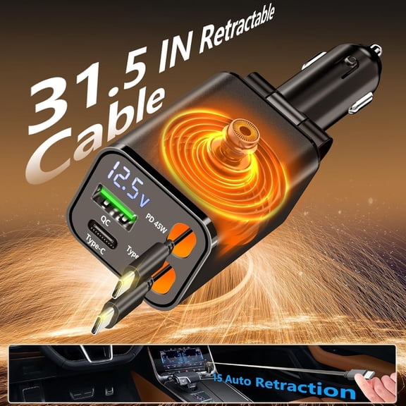 LMUMN-Retractable Car Charger, 120W USB-C Fast Charge Phone Charger for Car, 4-in-1 Dual Type-C Cables & USB-A QC Port, Car Charger for iPhone 17/16/15/14/13 Samsung Travel Essentials Gifts for Wome