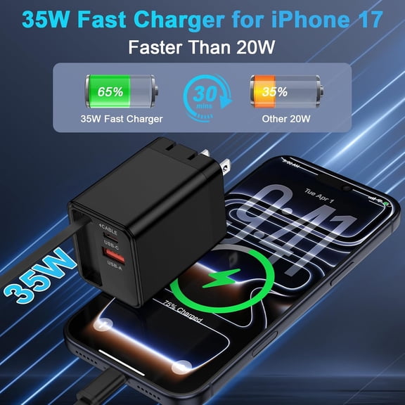 LMUMN-Retractable Wall Charger with 3FT PD 35W Fast Charging Type C Cable 3-Port Foldable Plug Charging Block for Samsung Galaxy A17/A16/A15/A26/A37/A56/S26 Ultra/S25/S24/S23/S22/S21/S20/iPhone 17/1