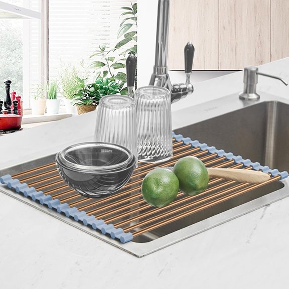 LMUMN-Roll Up Dish Drying Rack Over The Sink Drying Rack for Kitchen Counter, Rolling Dish Rack Over Sink Mat, Foldable Dish Drainer Stainless Steel Rack Kitchen Organization Gold 17.5"x11.8"