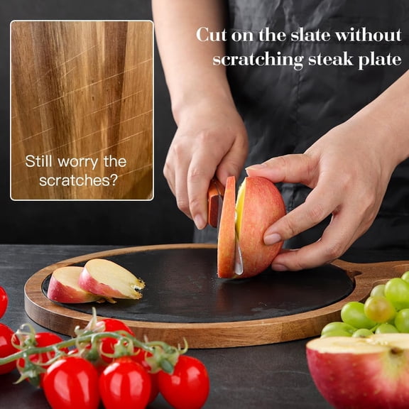 LMUMN-Round Acacia Wood Cutting Board with Removable Black Slate Board, Cheese Serving Board Plate with Handle, Wooden Serving Platter Slate Steak Plate for Cheese Steak Bread