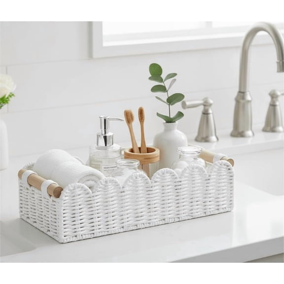 LMUMN-Scalloped Edge Toilet Paper Storage Basket, Living Room Home Cozy Decor Basket, Paper Rope Small Baskets for Over Toilet Storage Shelf, End Table, Shelves, with 2 Wooden Handles, White