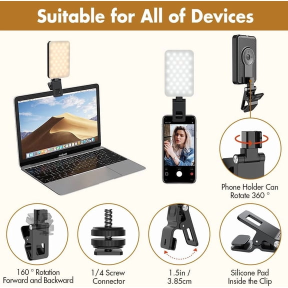 LMUMN-Selfie Light for iPhone,Portable Phone Clip on Light,Rechargeable LED Ring Light for Phone,Video Recording,Camera,Laptop,TikTok,Tablet,Vlog,Computer,5 Lighting Modes,80 LED High Power